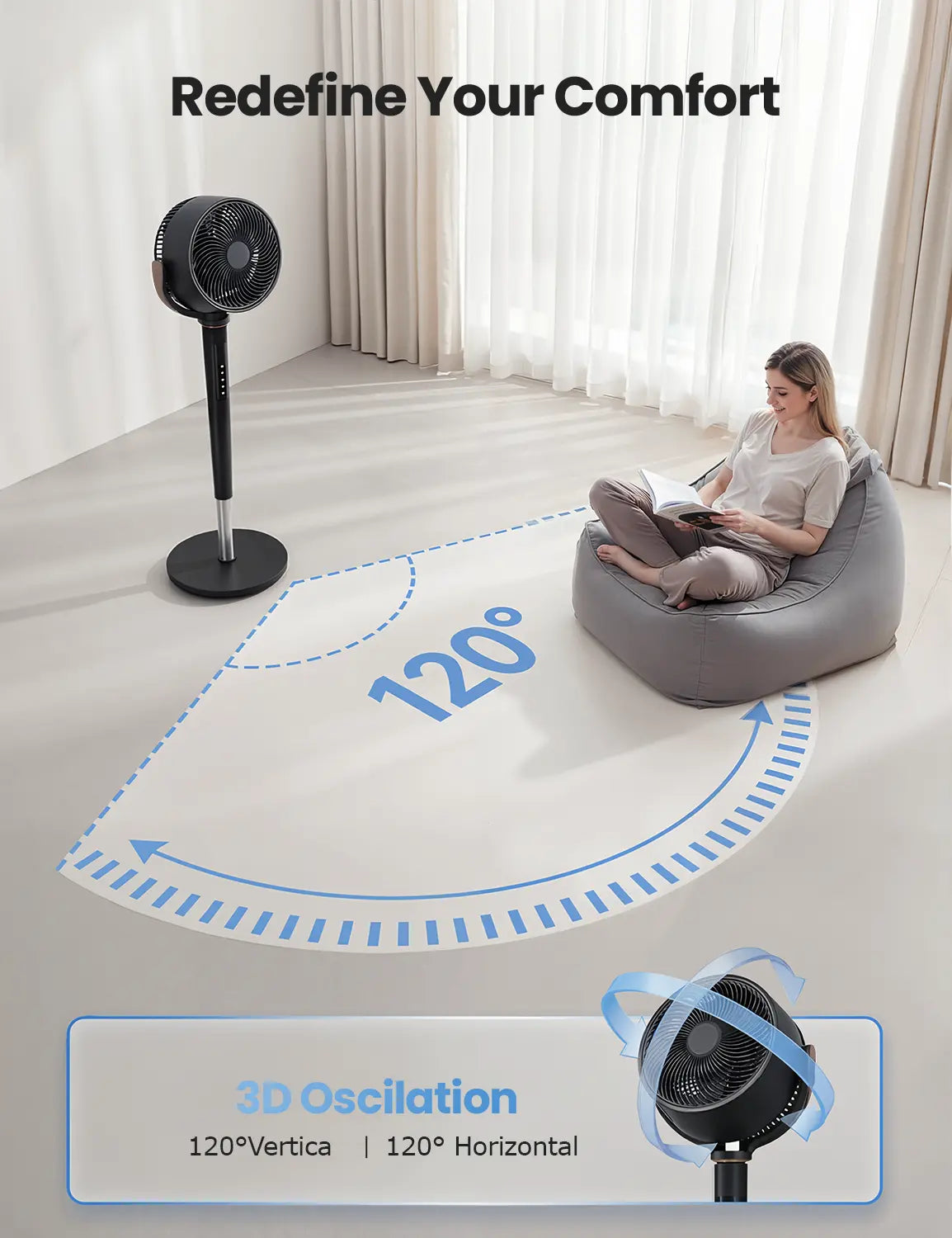 🔥summer sale 25% OFF  ❄️ Fan for Bedroom, Energy Class，120° Oscillating Standing Fans, Quiet Floor Fan with DC Motor, 100ft Pedestal Fans for Room, 16 Speeds, 4 modes, 20dB, 37-45" Adjustable Height, 12H Timer，With ambient lighting